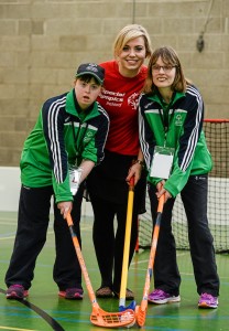 21 April 2016; Cork camogie legend Anna Geary tries her hand at floorball at a Special Olympics Winter Sports event in Dublin. Anna and the Womens Gaelic Players Association have thrown their support behind Special Olympics on their charity Collecion Day, sponsored by eir, which takes place today (FRI April 22nd). 3,000 volunteers  including many WGPA players  will be out in force in villages, towns and counties around Ireland trying to help the sports charity raise 650,000 in just 24 hours. Pictured with Anna Geary are Connaught Special Olympic athletes, Aine Naughton, left, and Ann Brennan. Kilternan Ski Slope & Loughlinstown Activity Centre, Kilternan, Dublin. Picture credit: Sam Barnes / SPORTSFILE *** NO REPRODUCTION FEE ***